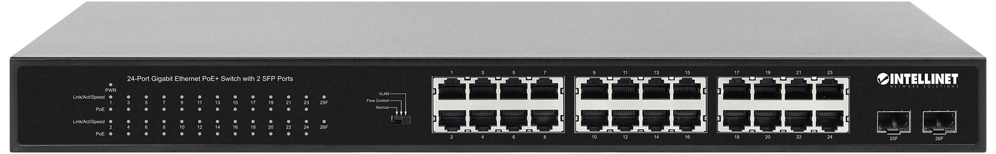 Fekete hálózati switch 24 Ethernet-porttal és 2 további porttal jobb oldalán, alkalmas adatelosztási célokra hálózatokban.