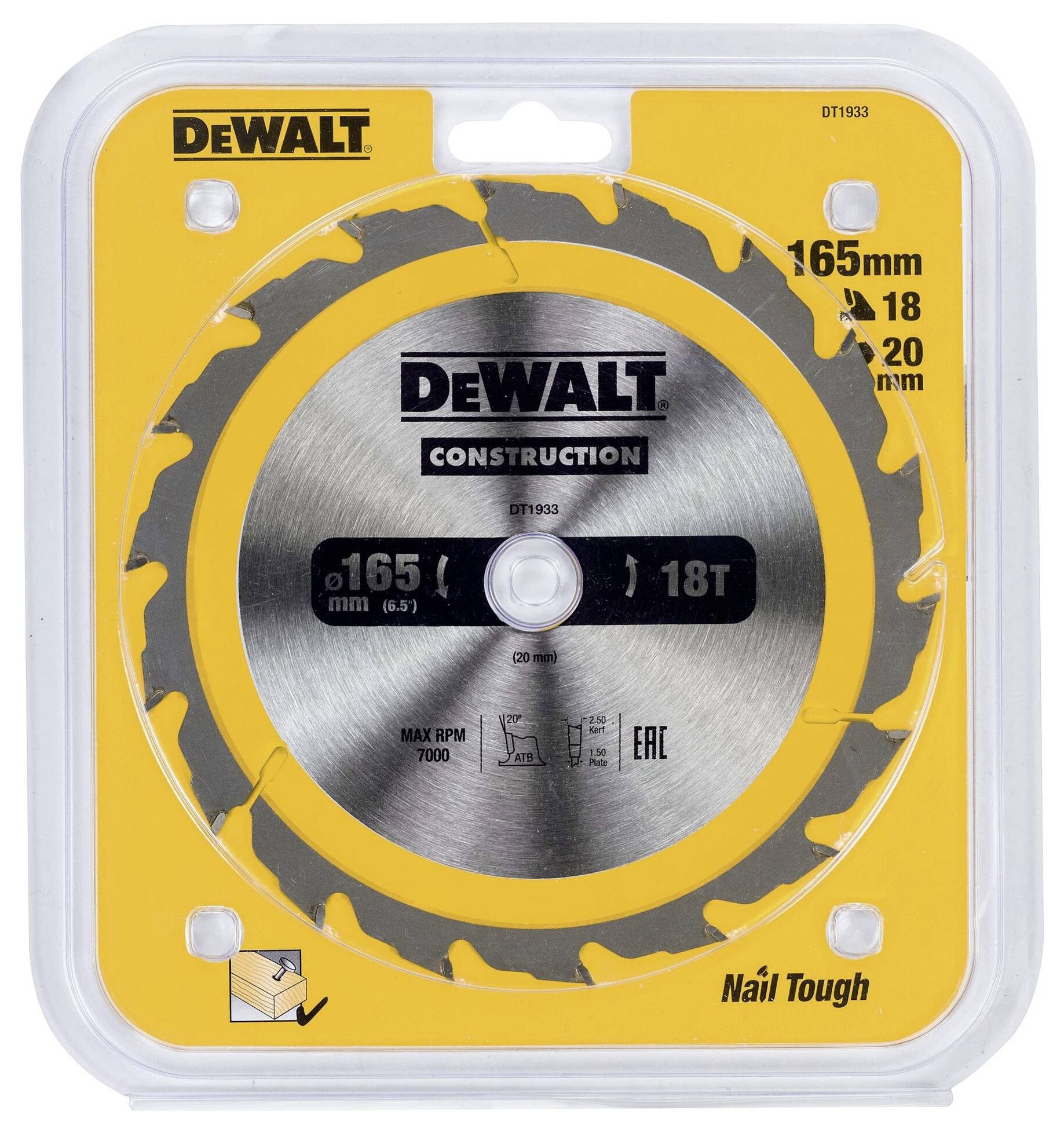 DEWALT körfűrészlap, 165 mm átmérő, 18 fog, alkalmas építkezési munkálatokhoz, max. 7000 ford/perc, csomagolásban.