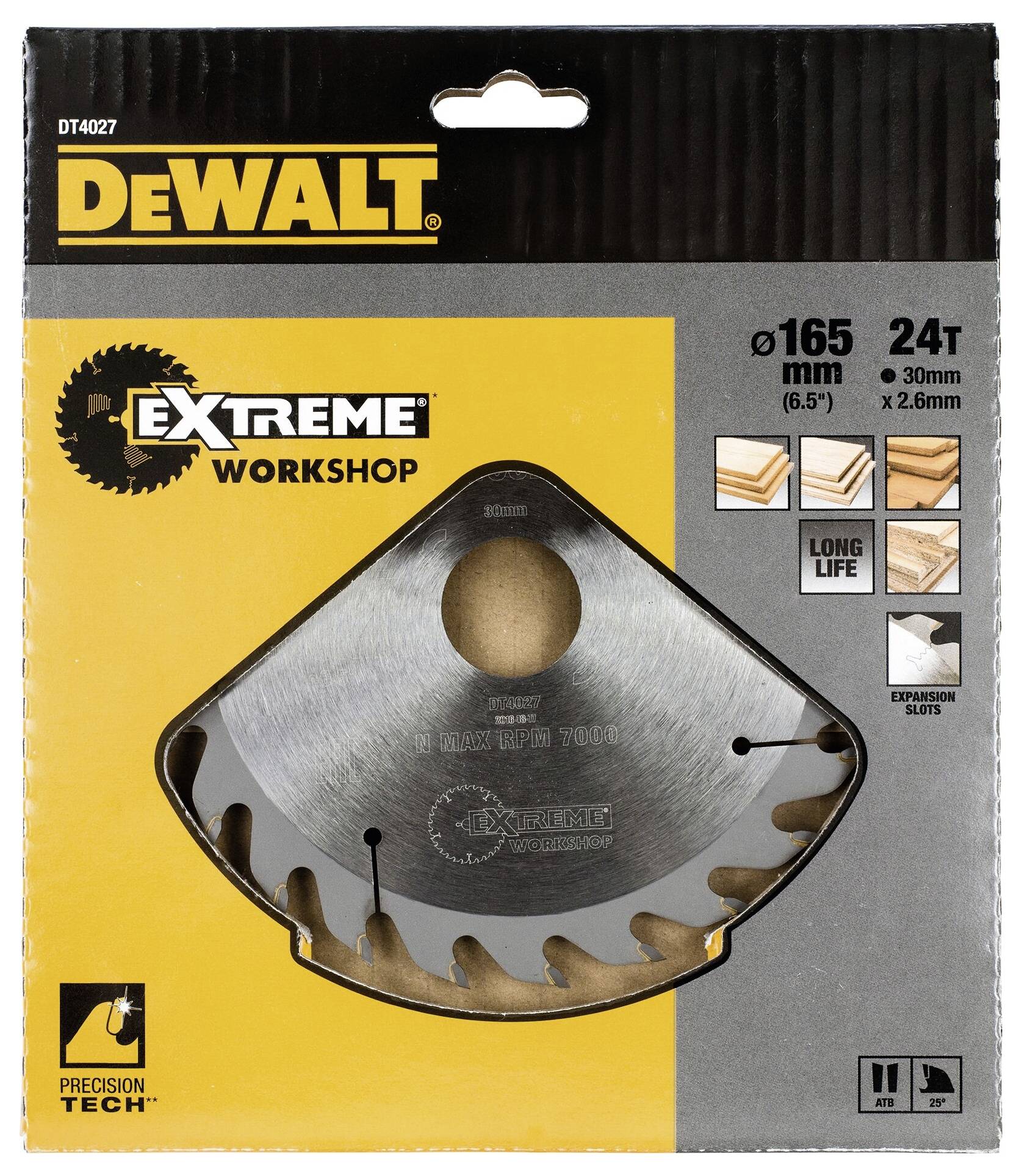 DeWalt fűrészlap, Extreme Workshop, 165 mm átmérő, 24 fog, fafeldolgozáshoz. Fakompatibilitási szimbólumokkal ellátva.