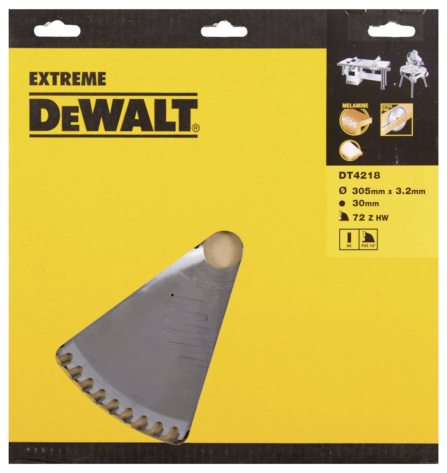 DeWalt fűrészlap csomagolás. Specifikációk: Ø 305mm, 3,2mm vastag, 30mm lyuk, 72 fog. Fára alkalmas.