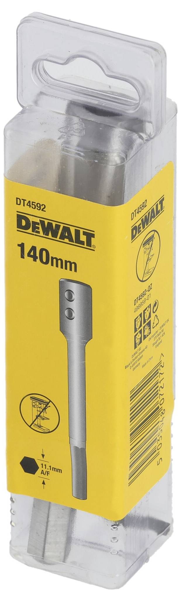 'A DEWALT fúró csomagolása, 140 mm hosszúságú, sárga címkével. Modellszám: DT4592'