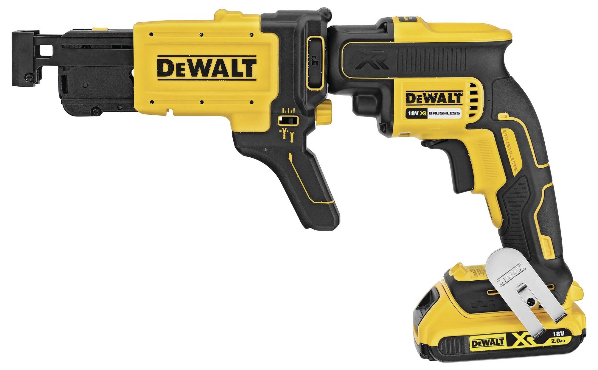 DEWALT akkumulátoros gipszkarton csavarozó sárga és fekete színben, ergonomikus markolattal és gyorsan leszerelhető tárral a gyorsaság és hatékonyság érdekében.