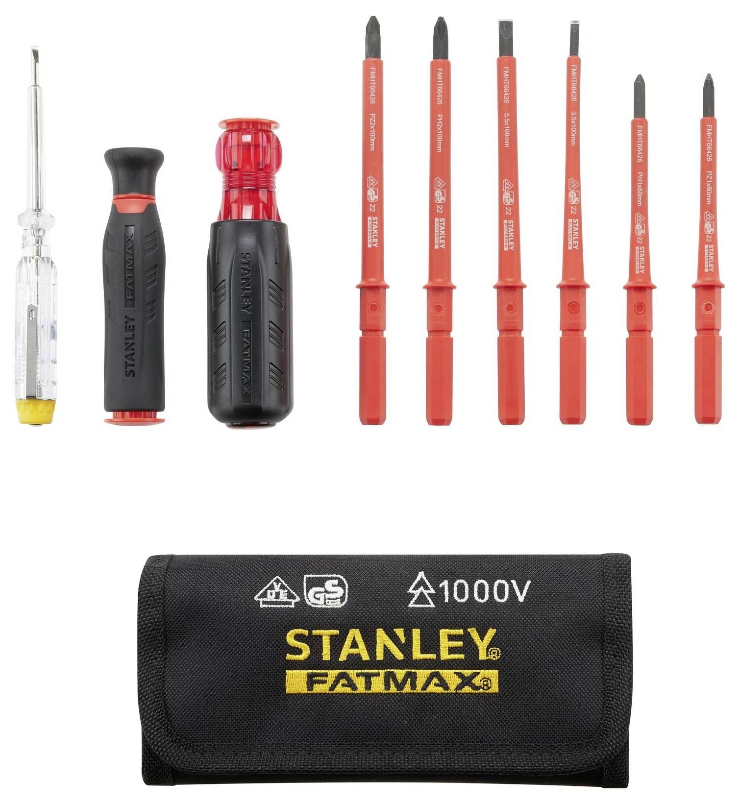 Egy csavarhúzó készlet, amely szigetelt csavarhúzókat és egy 'STANLEY FATMAX 1000V' feliratú tokban tartalmaz.