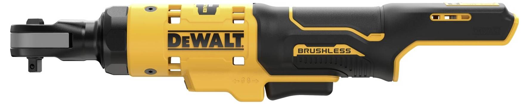 A DEWALT feliratú és 'BRUSHLESS' technológiájú, fekete és sárga akkumulátoros csavarozó a márkanevet és a technológia típusát mutatja.