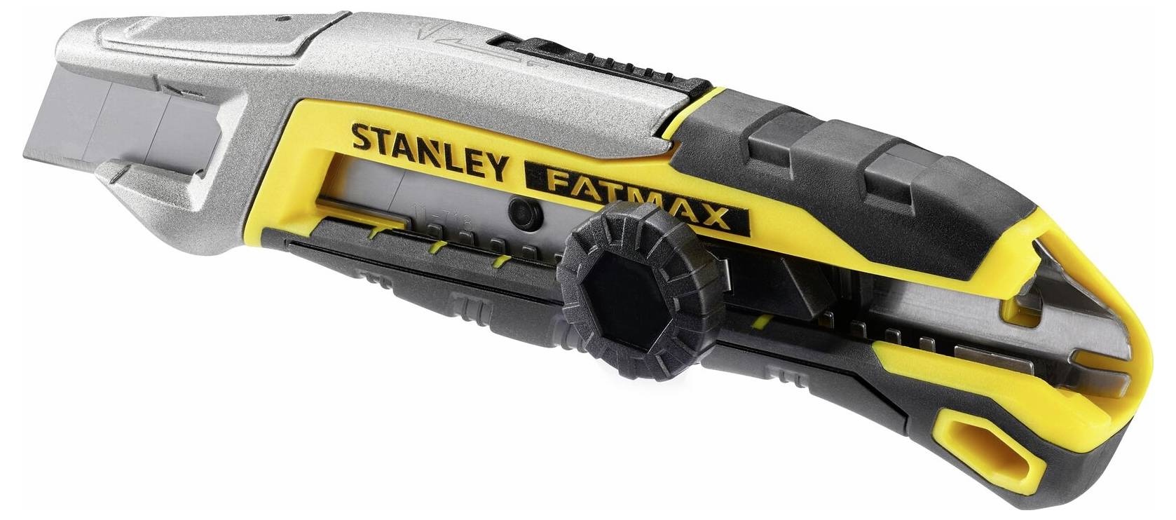 Egy sárga-fekete markolatú Stanley FatMax univerzális kés kihúzható pengével.