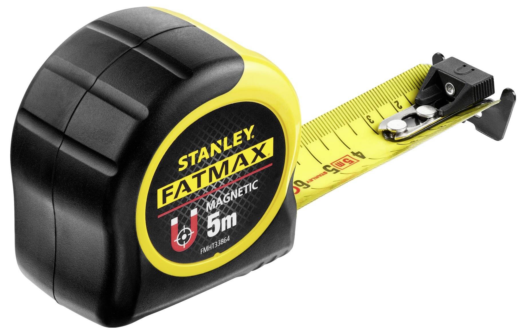 Egy sárga szalagos és fekete házú mérőszalag. A felirat 'Stanley FatMax' és '5m'.