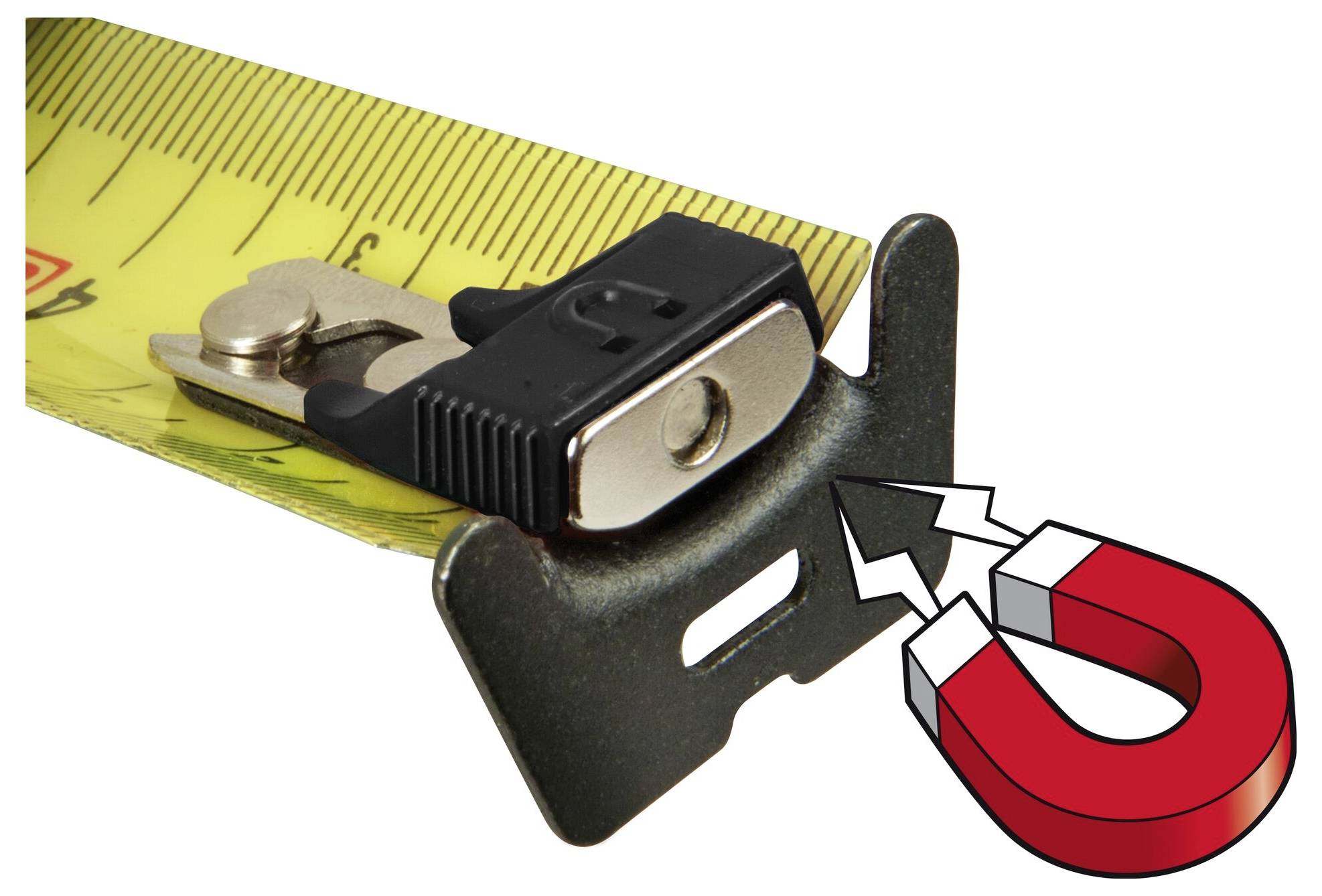 Egy mérőszalag mágneses hegyű véggel, amely tapad a fémfelületre. Egy mágnes szimbólum jelzi a vonzóerőt.