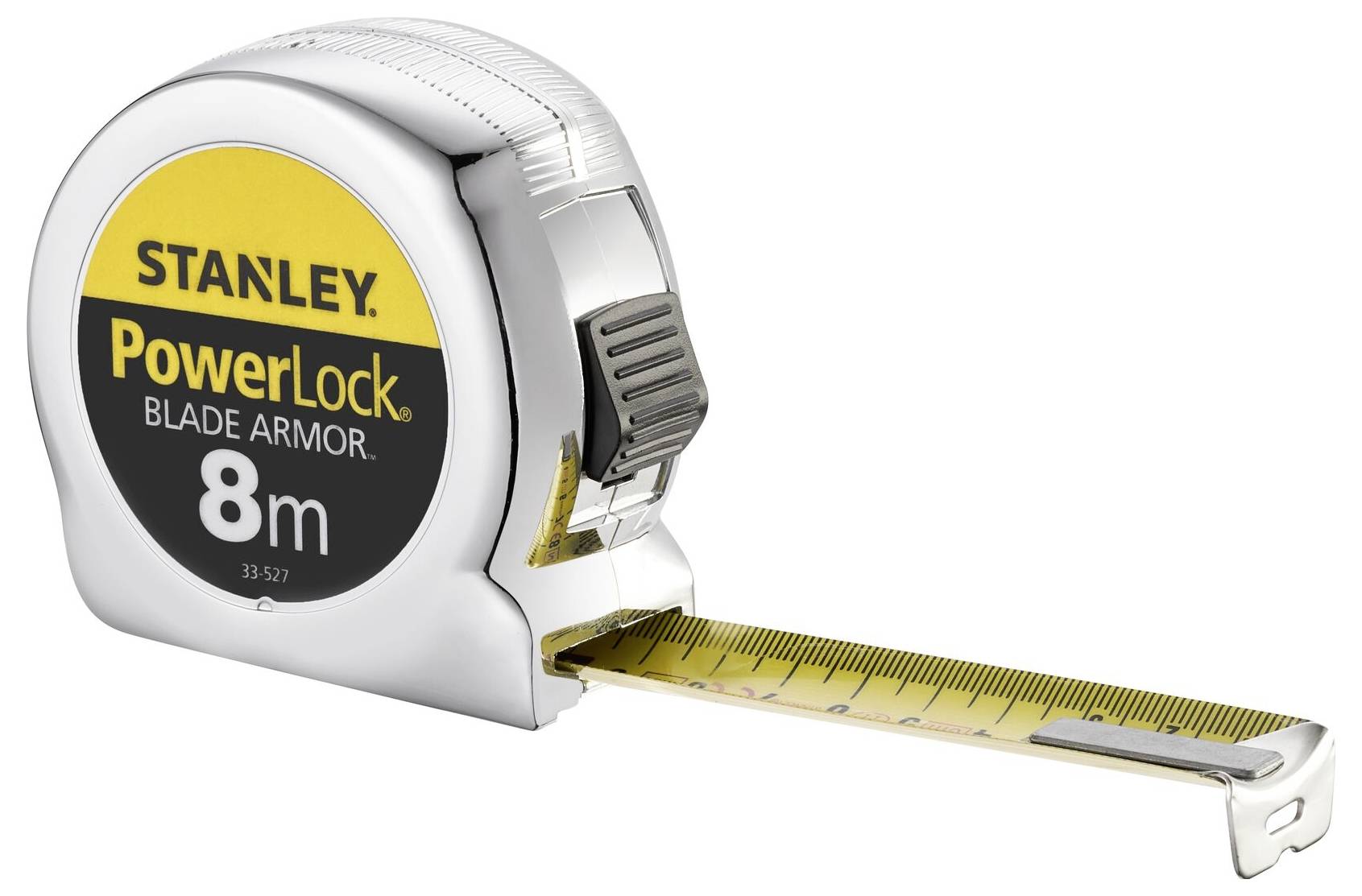 Egy ezüstszínű mérőszalag sárga címkével mutatja a 'STANLEY PowerLock Blade Armor 8m' feliratot. A szalag részben ki van húzva.