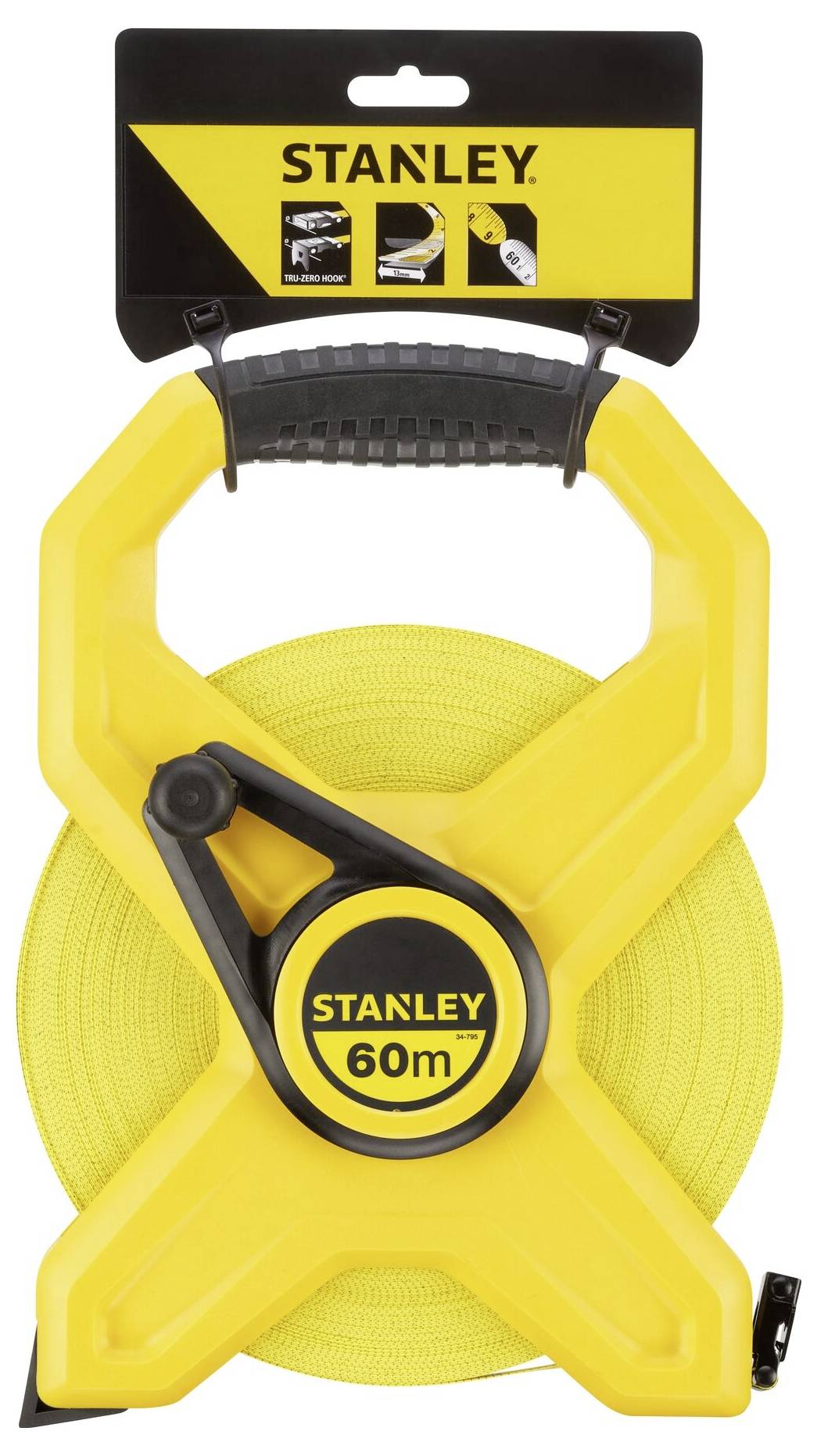Egy sárga Stanley mérőszalag 60 méter hosszúságban. A csomagoláson alkalmazási ábrák láthatók.