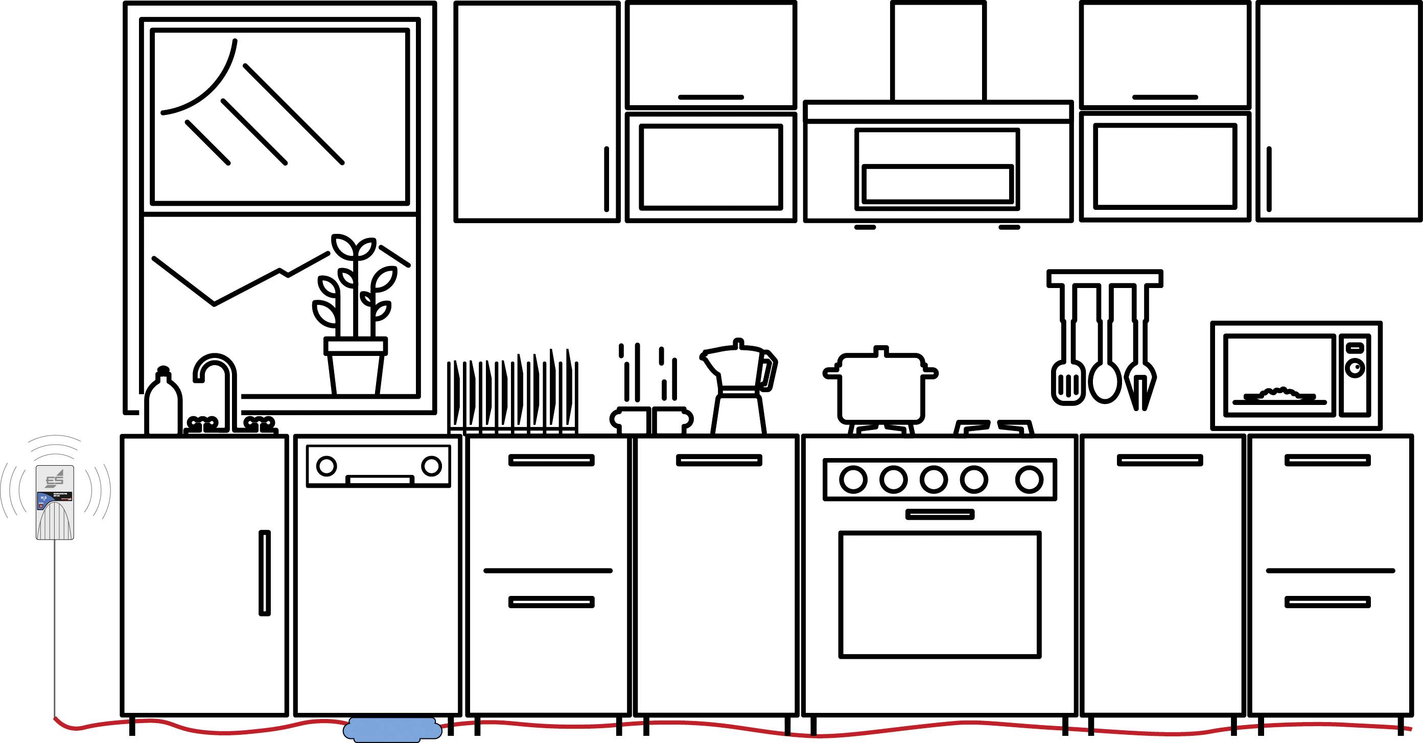 Konyhabútor tűzhellyel, mosogatóval, mosogatógéppel, mikrohullámú sütővel és felső szekrényekkel. Egy padlóba épített érzékelő szivárgást jelez.