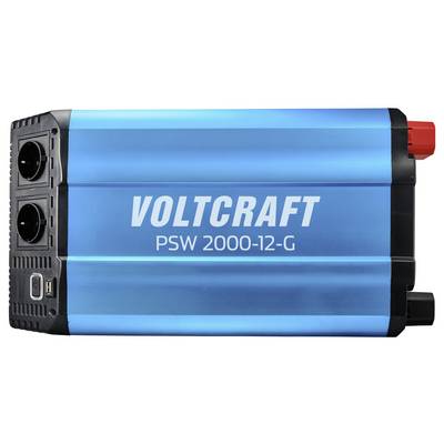 Kék VOLTCRAFT PSW 2000-12-G teljesítményeláramító kettős AC aljzatokkal és piros/fekete akkumulátor végekkel