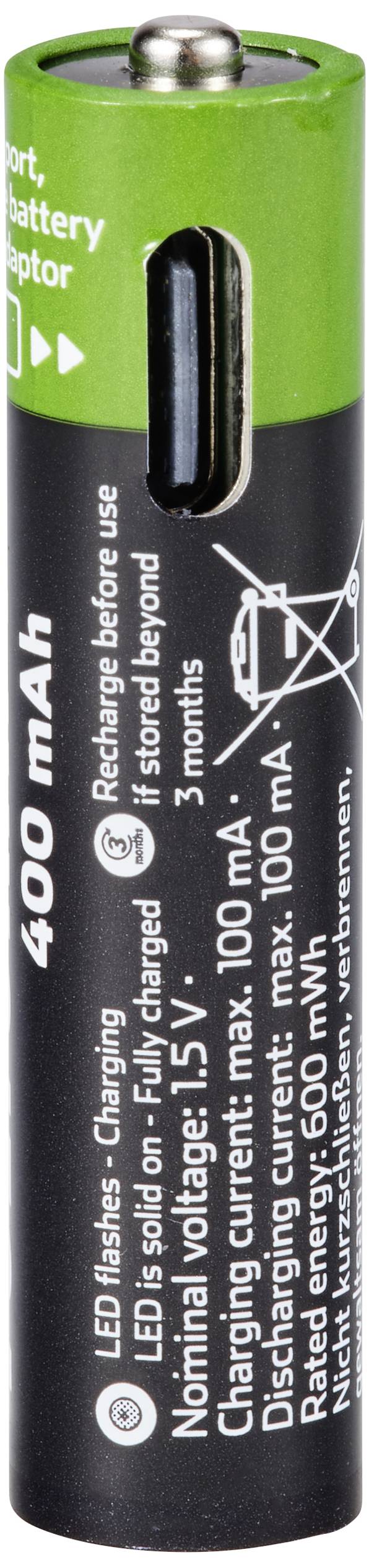 Egy 400 mAh kapacitású újratölthető akkumulátor. Tartalmaz információkat a töltési és kisütési áramokról, valamint egy LED-es állapotjelzőről.