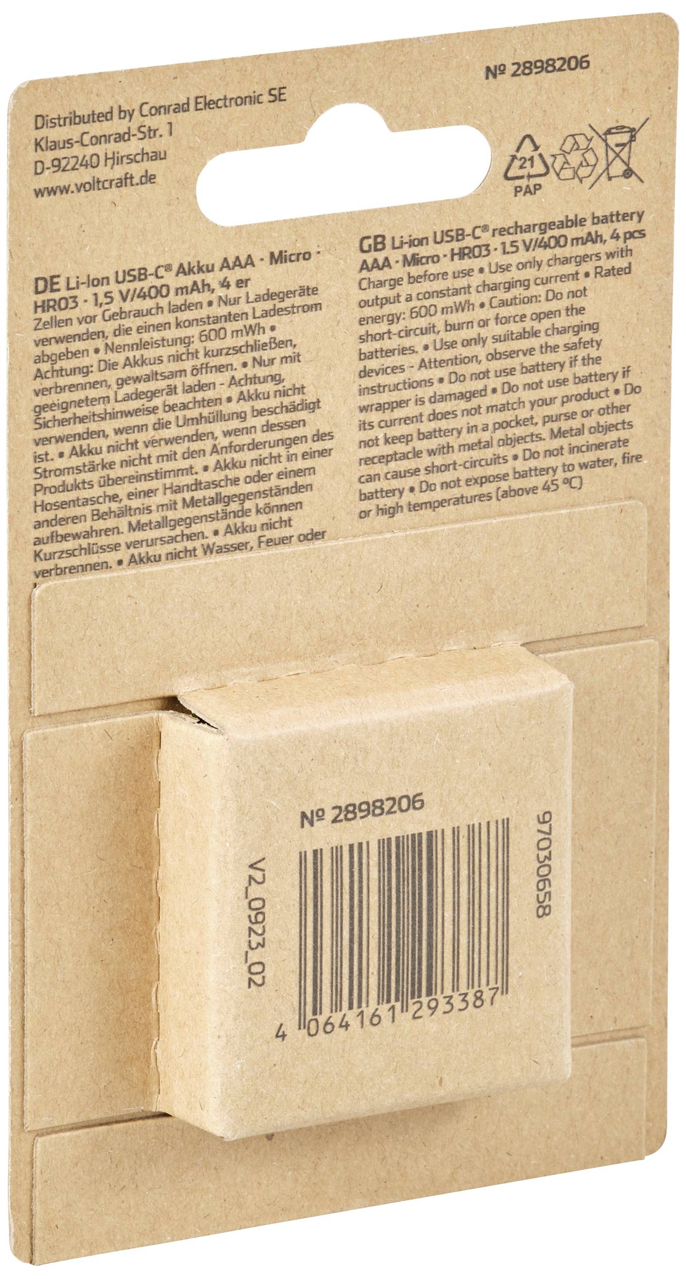 Papír csomagolás egy Li-Ion USB-C akkumulátorhoz, AAA-mikro méretben, több nyelven nyomtatott feliratokkal és vonalkódokkal.