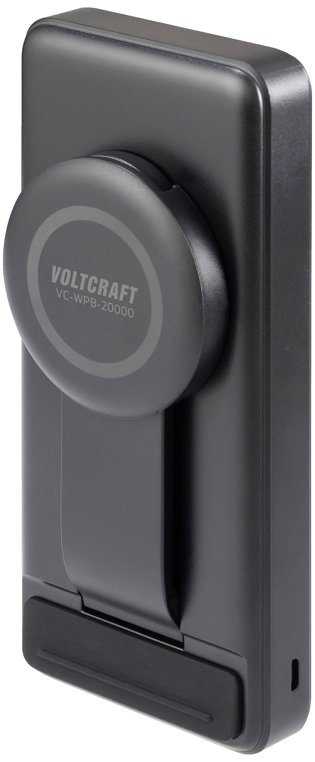 Voltkraft VC-WPB-20.000 fekete powerbank, téglalap alakú, kerek részletekkel ellátott, mobil energiaellátásra szolgáló eszköz.