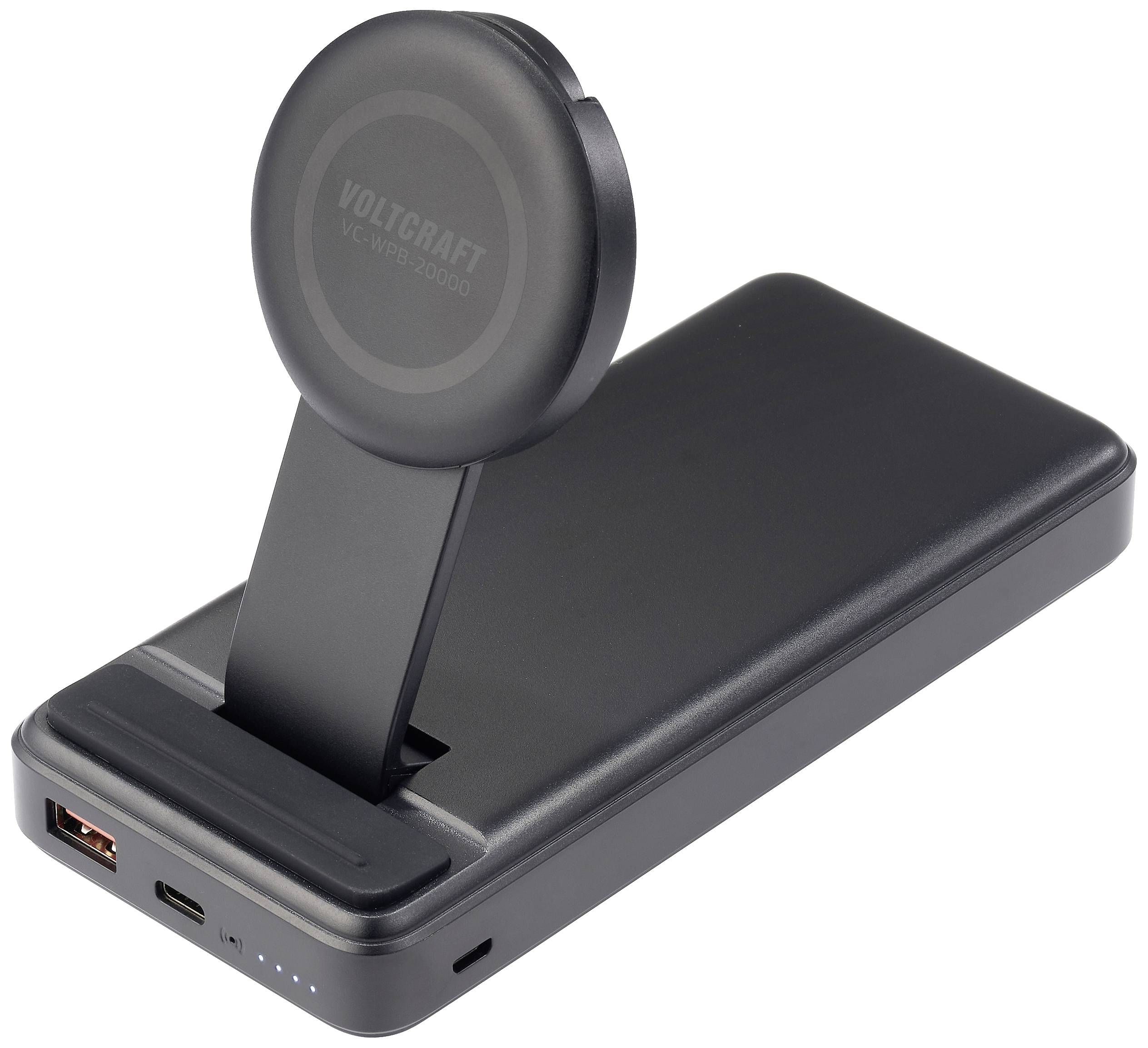 Fekete powerbank beépített, felállítható vezeték nélküli töltővel okostelefonokhoz. USB-csatlakozóval az oldalán.