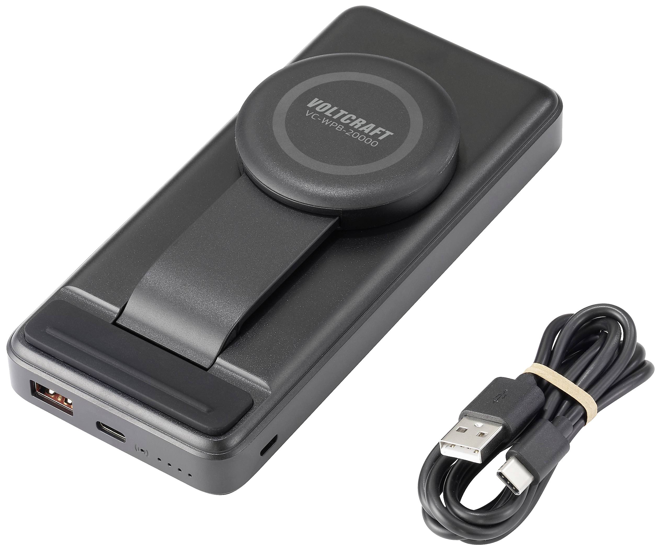 Fekete powerbank USB-csatlakozóval és kivehető kábellel, eszközök töltésére. Alkalmas mobil áramellátásra.
