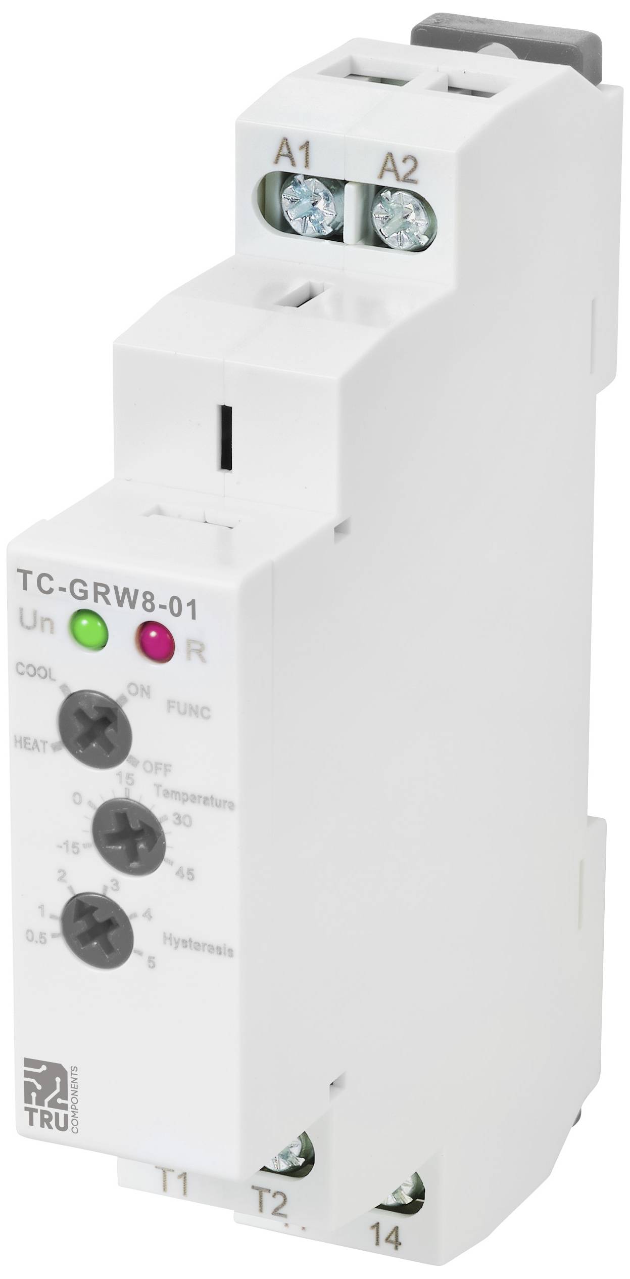 Egy fehér elektronikus termosztát-kapcsoló forgókapcsolókkal és csatlakozókkal, DIN-sínre szerelésre tervezve.