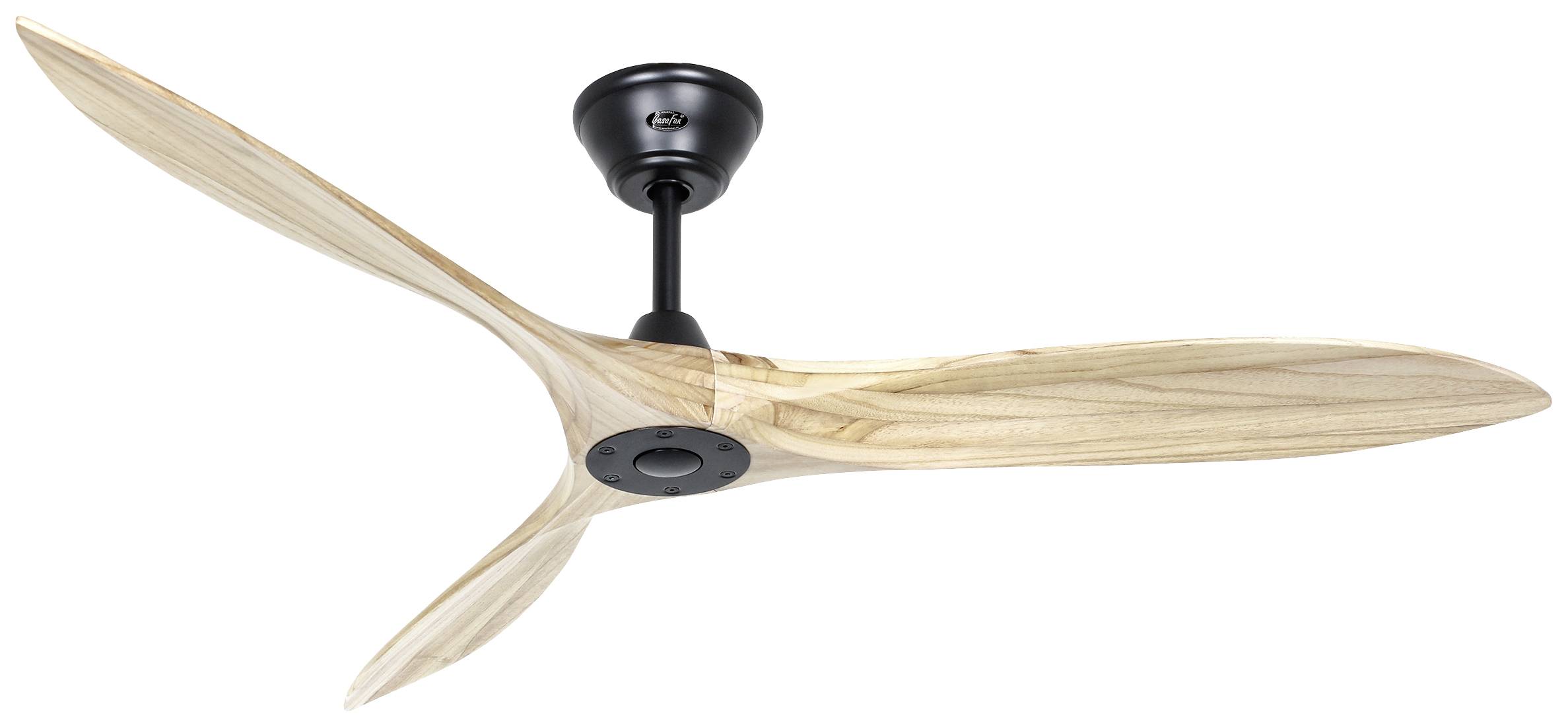 Egy fa árnyalatú három szárnyú mennyezeti ventilátor fekete tartószerkezettel, modern dizájnnal, oldalnézetből fotózva.