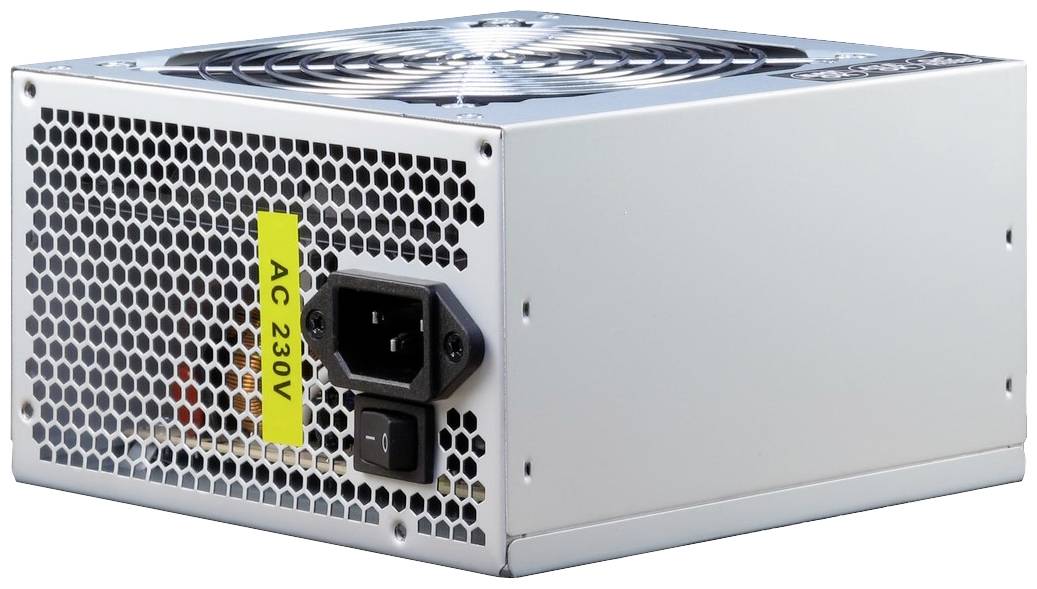 Egy számítógép-tápegység ventilátorral, '230V AC' jelöléssel.