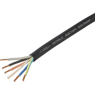 Egy fekete elektromos kábel több színes belső vezetékkel, amelyen a „VDE H07RN-F 450/750V 5G2.5mm²" felirat jelzi a specifikációit.