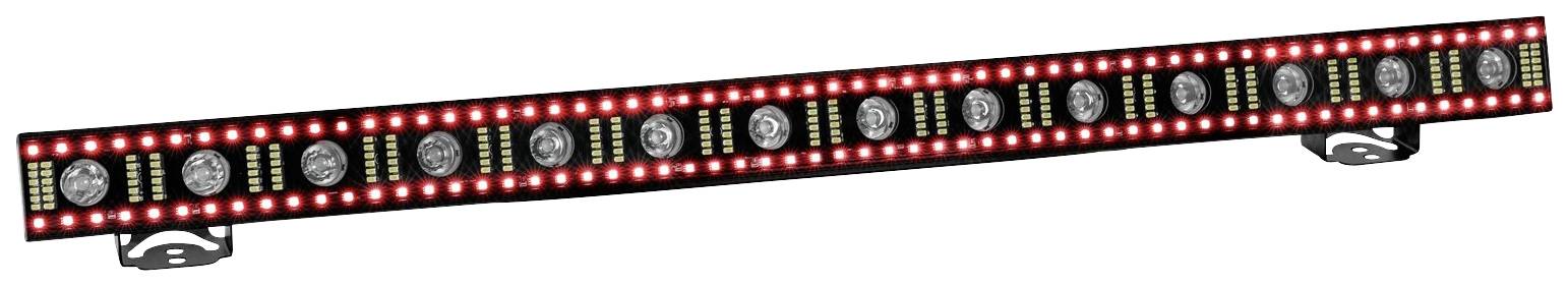 Egy hosszú LED-fényeszköz piros világító diódákkal, amely tökéletes színpadi világításhoz vagy dekoratív effektusokhoz.