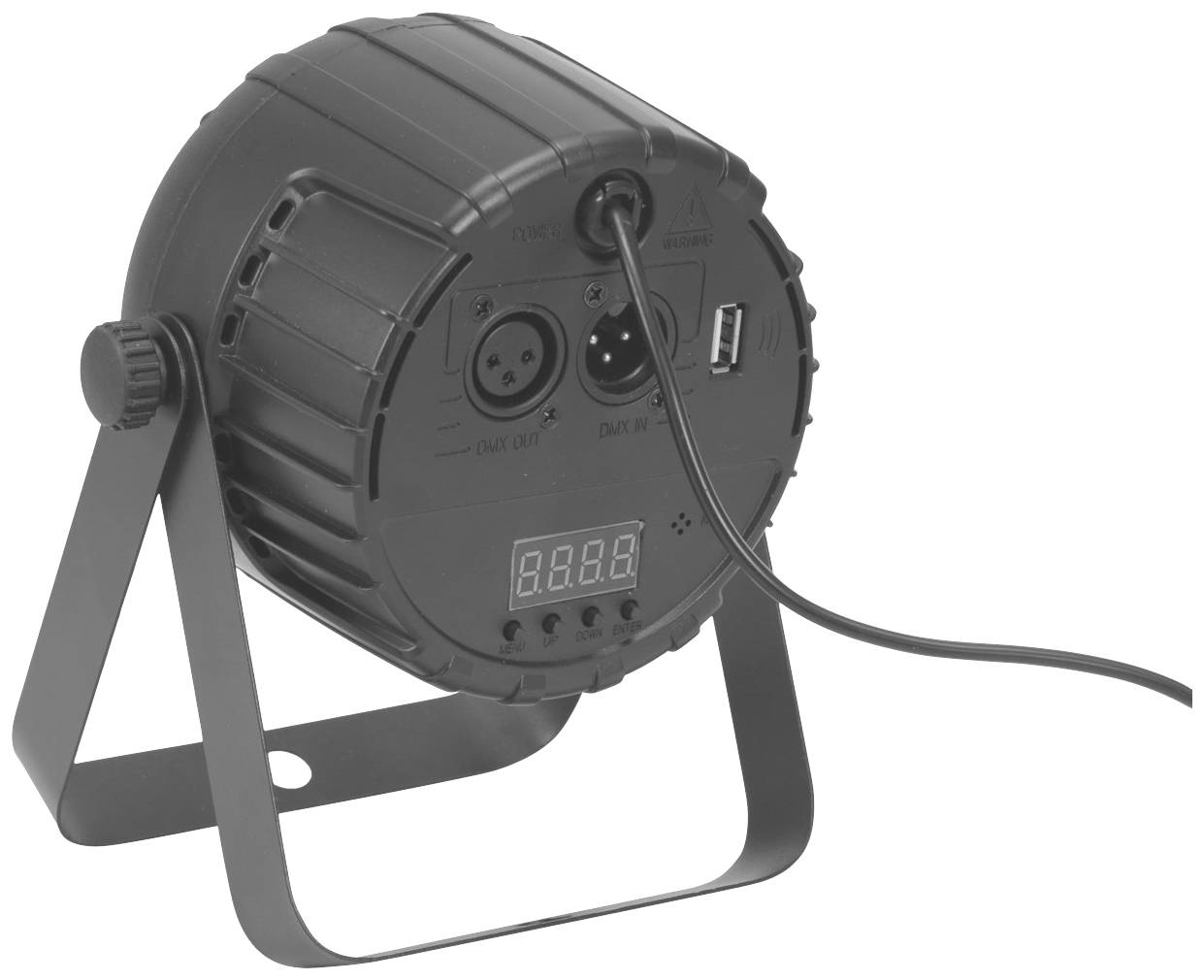 Egy fekete LED-lámpa hátulnézete, kijelzővel, kábel csatlakozóval és állvánnyal. Színpadi világításhoz használják.