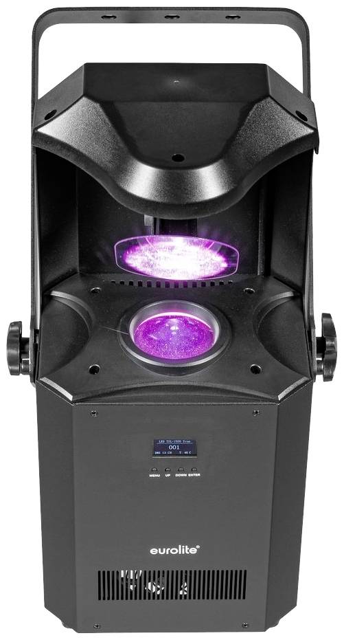 Egy fekete LED-fényeffekt gép két világító lila fénnyel felül. Színpadi és rendezvényvilágításra alkalmas.