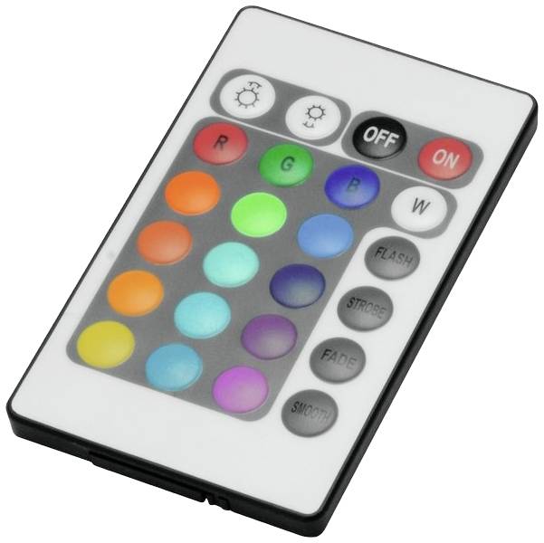 Egy távirányító színes gombokkal RGB-világításhoz. Gombok 'BE', 'KI', fényerő-szabályozáshoz és effektusokhoz, mint például 'VILLOGÁS'.