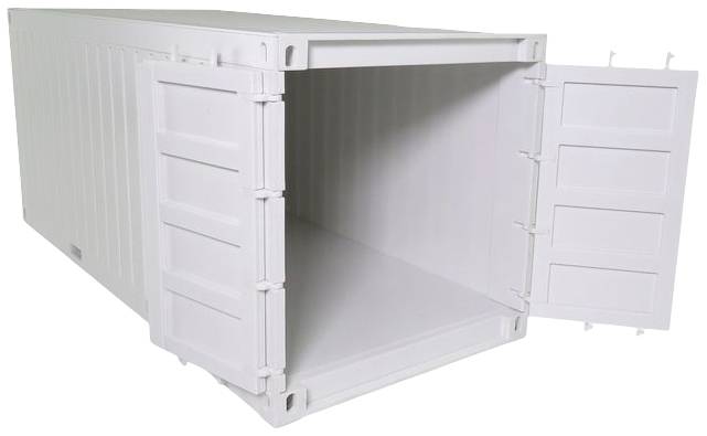 Egy üres, fehér teherkonténer nyitott ajtókkal, üres belső teret mutat.