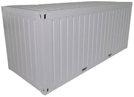 Szürke szállítási konténer téglalap alakban, bordázott falakkal és erős fémszerkezettel.