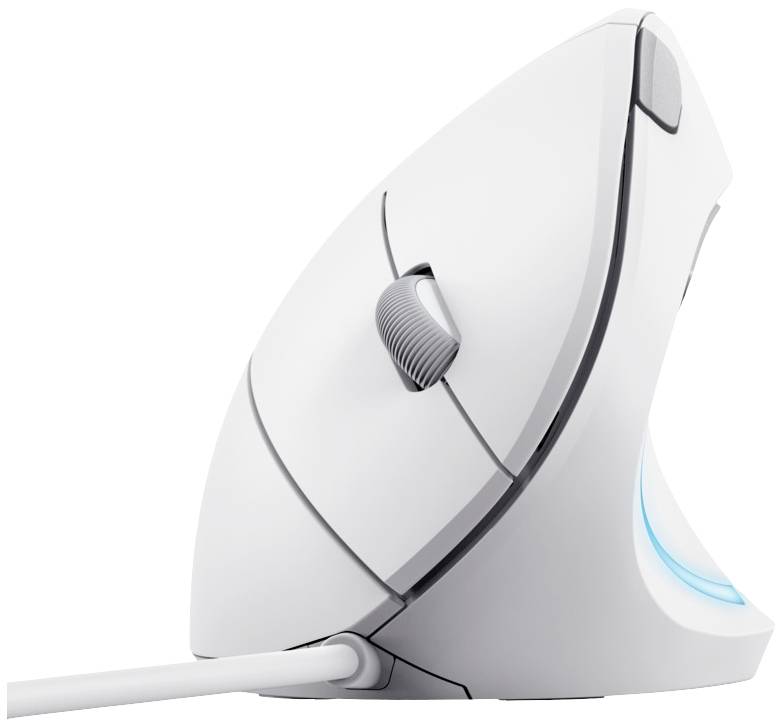 Egy fehér, kék fényhatással rendelkező vertikális ergonómiai számítógépes egér, további görgetőkerékkel az oldalán.