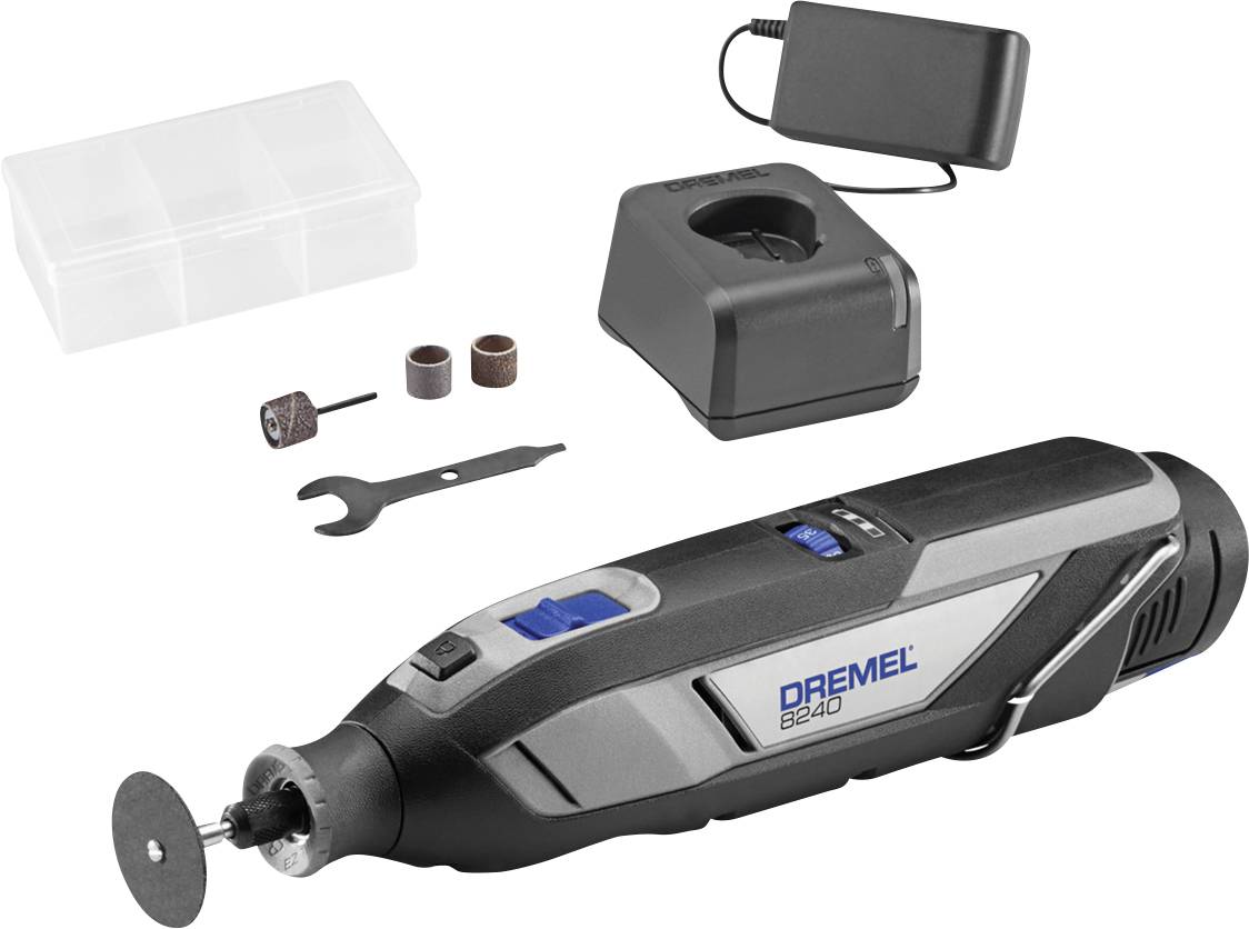 Dremel akkumulátoros forgószerszám készlet töltővel, hordtáskával, vágókoronggal, csiszolószalagokkal és csavarkulccsal fehér háttéren.