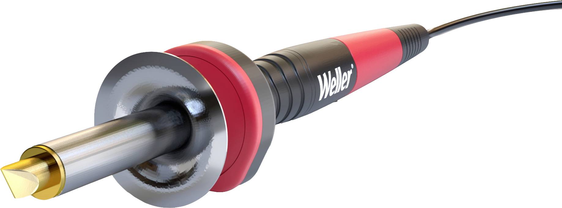 Piros fogantyús és fekete kábellel rendelkező forrasztópáka fémhegyű véggel, 'Weller' márkájú. Elektromos szerelési munkákhoz használatos.