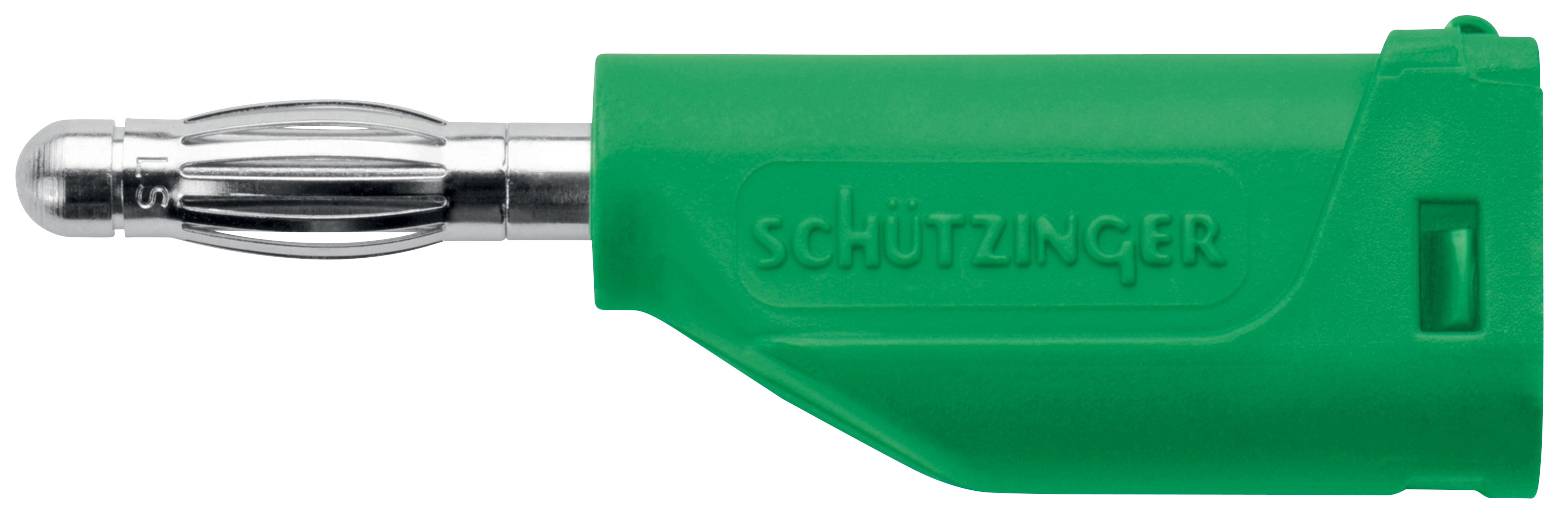 Zöld Schützinger biztonsági csatlakozó fém érintkezővel, oldalnézet.