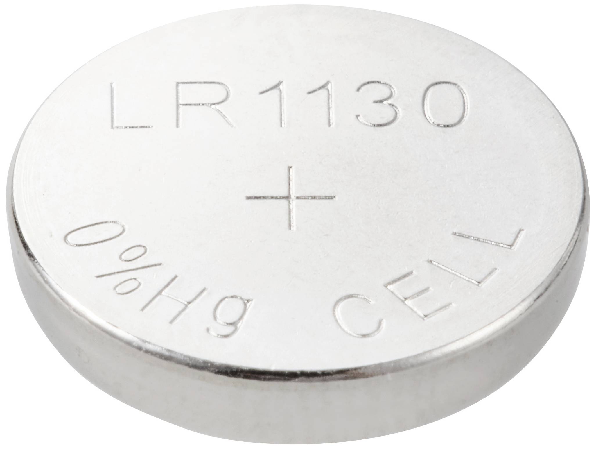 LR1130 gombelem, '0% Hg CELL' felirattal, egy kis, kerek ezüstszínű elem.