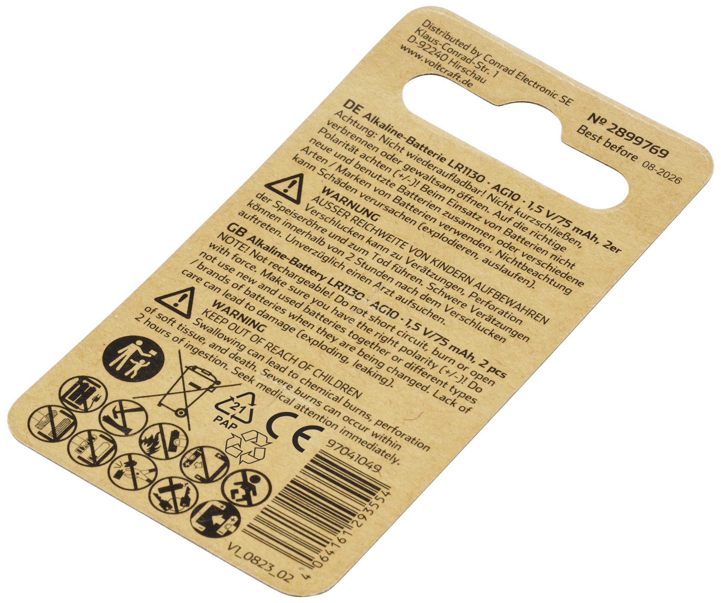 Egy alkáli elem csomagolása biztonsági figyelmeztetésekkel és szimbólumokkal. Elemtípus: LR1/LR10 - 1,5V.