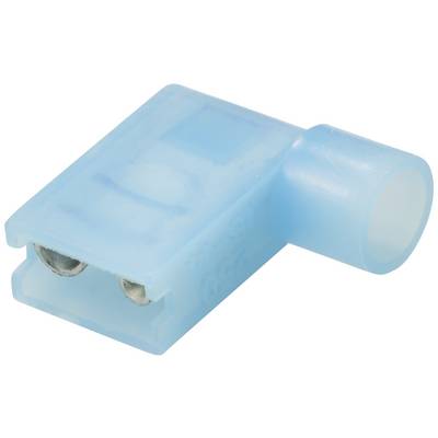 Egy kék, szigetelt lapos elektromos csatlakozó, amely elektromos kábelek összekötésére alkalmas.