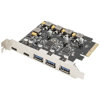 Egy PCIe-kártya két USB-C- és három USB-A-csatlakozóval egy számítógép alaplapján.