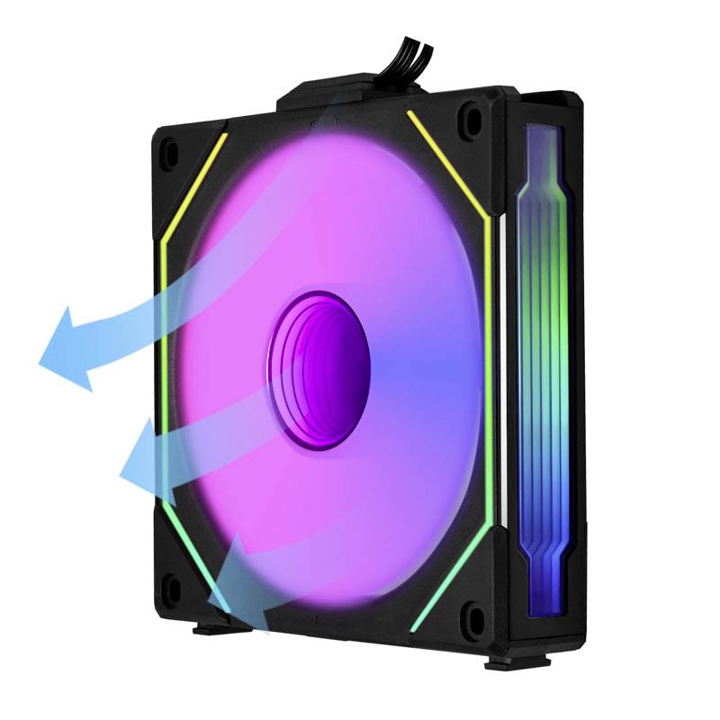 Egy RGB LED-es számítógép ventilátor, amely színes fényekkel világít. Két nyíl jelzi a légáramlás irányát.