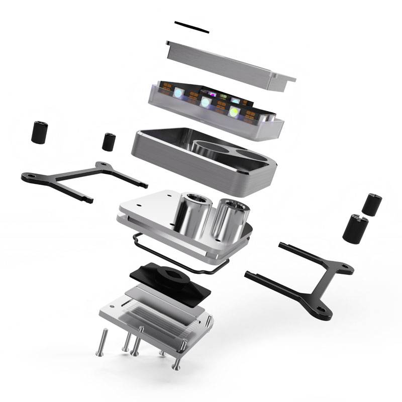 Egy fényképezőgép robbantott ábrázolása, amelyen a lencsék, házak és elektronikai alkatrészek rétegekre bontva vannak bemutatva.