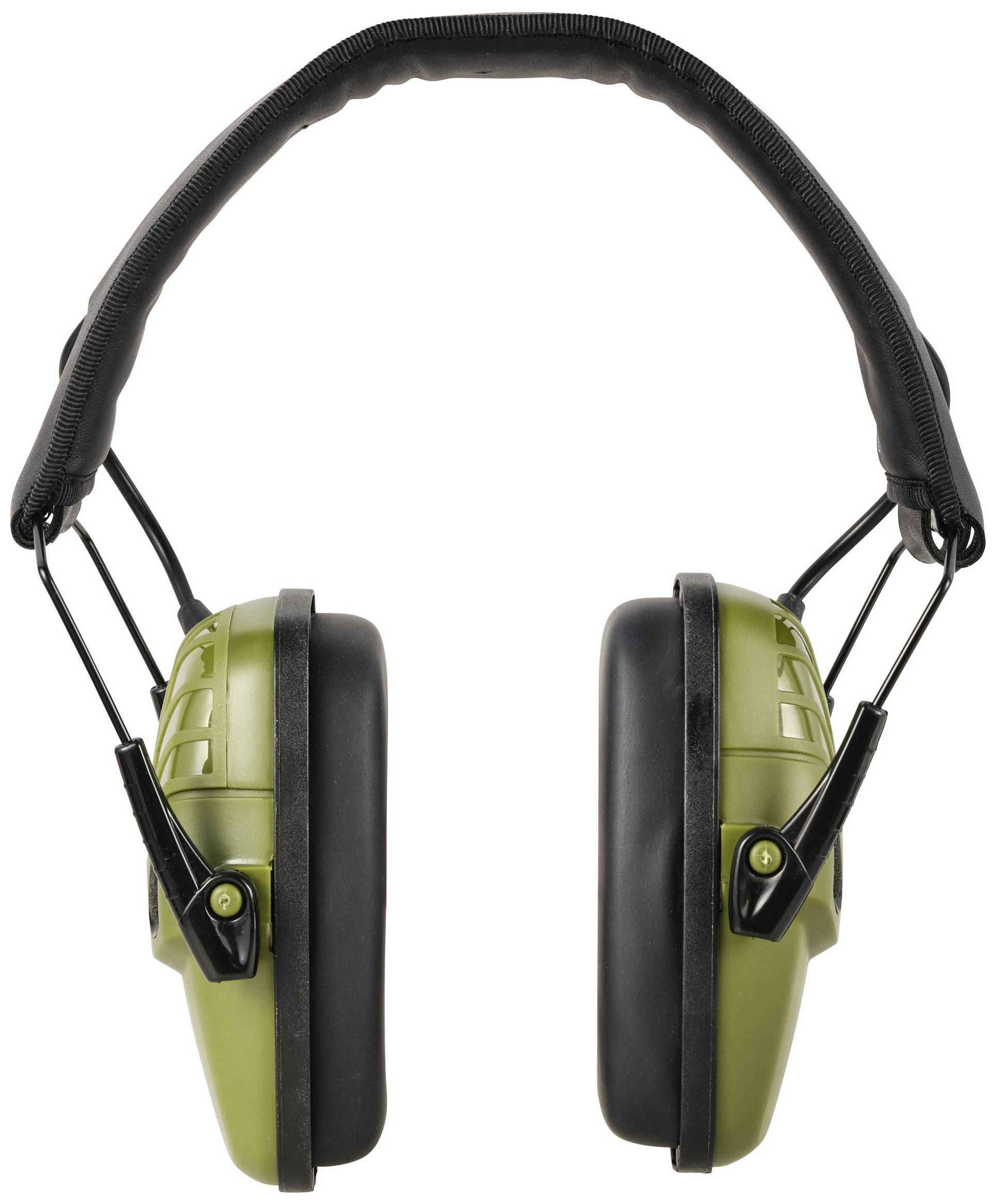 Zöld fülvédő fejhallgató fekete szárral, alkalmas zajcsökkentésre hangos környezetben.