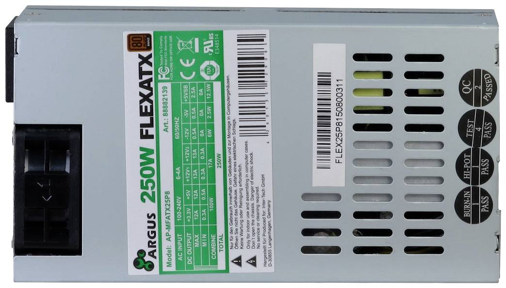 Fémes számítógép-tápegység 'Argus 250W FLEXATX' felirattal, műszaki specifikációkkal és több tanúsítvánnyal.