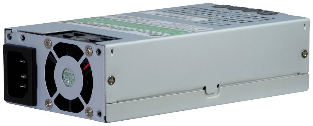 Négyszögletes tápegység oldalsó ventilátorral és IEC C14 típusú hálózati csatlakozóval, tipikus számítógépes vagy szerver alkalmazásokhoz.