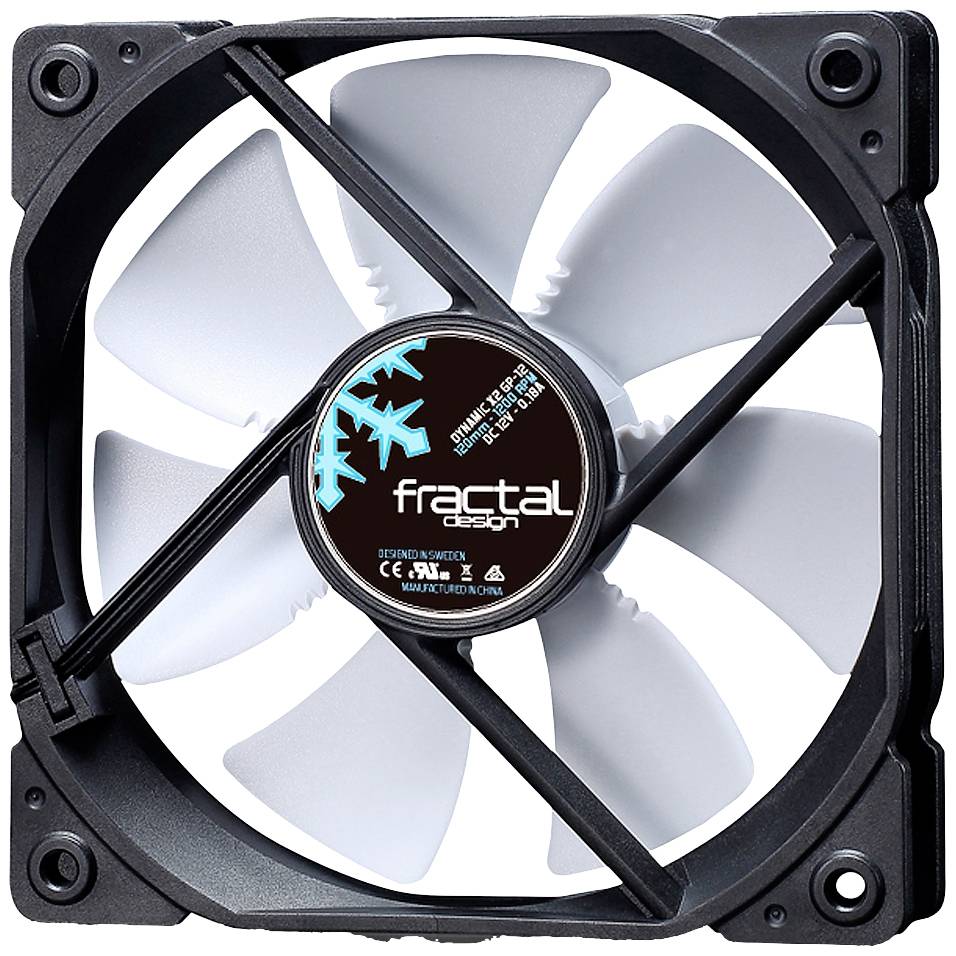 Egy fekete szélű, fehér rotorlapátokkal rendelkező négyzet alakú számítógépes ventilátor. A közepén a 'Fractal Design' logó látható.