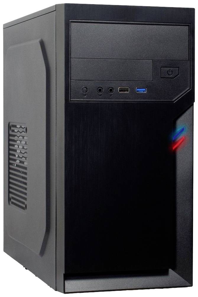 Egy fekete számítógépház több előlapi csatlakozóval, köztük USB- és fejhallgató-portokkal.
