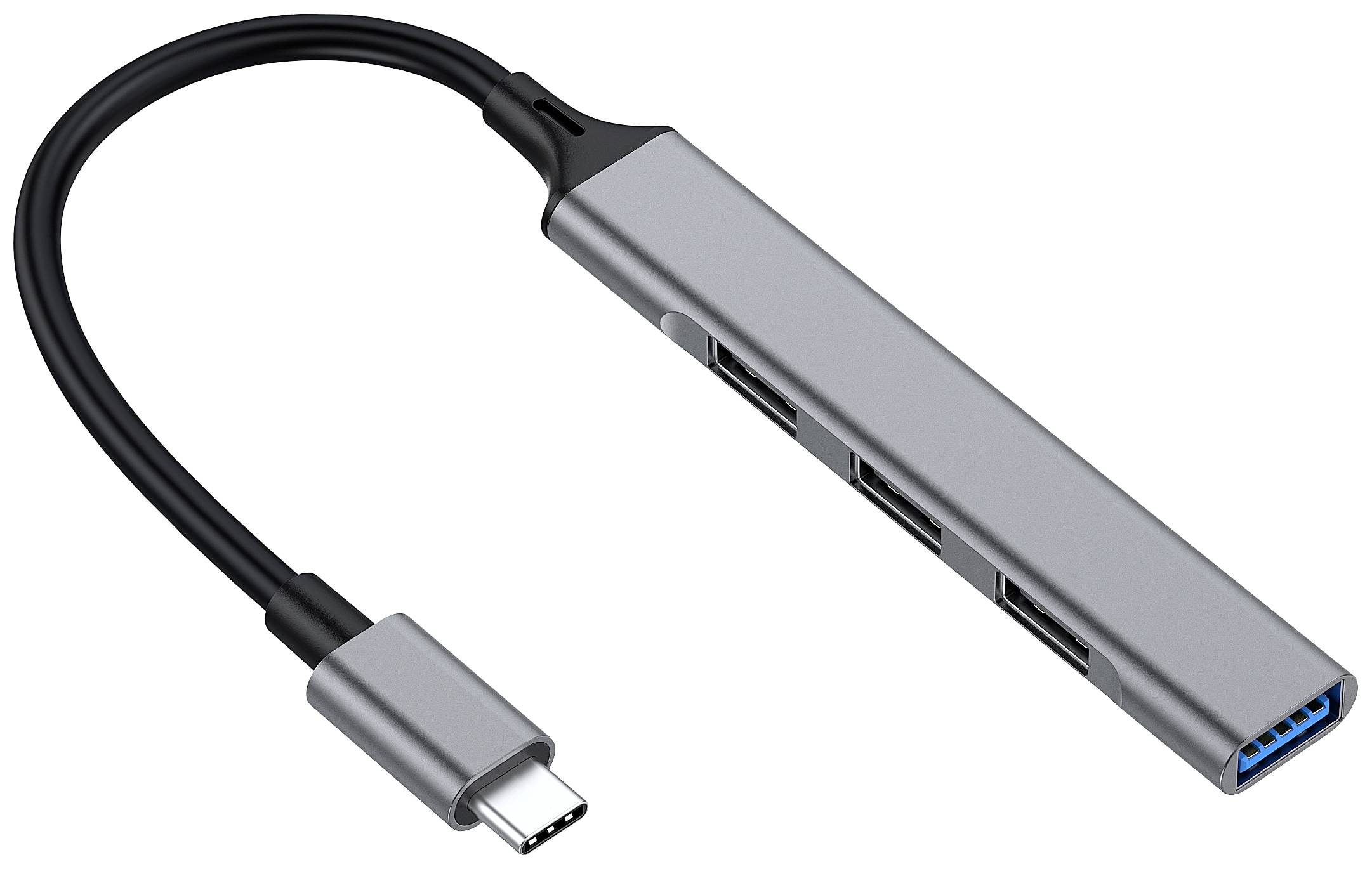 Egy többportos USB-C elosztó, amely USB-A, HDMI és egyéb csatlakozókat is tartalmaz. Kompakt kialakítás a különböző eszközök csatlakoztatásához.