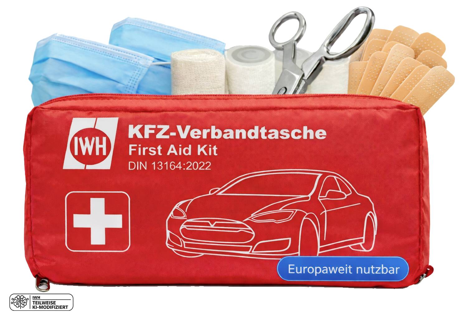 Piros autós elsősegély csomag táska, amelyen a „KFZ-Verbandsasche First Aid Kit DIN 13164:2022" felirat szerepel, látható kötöző anyagokkal, gázlapokkal, ollóval és maszkokkal.