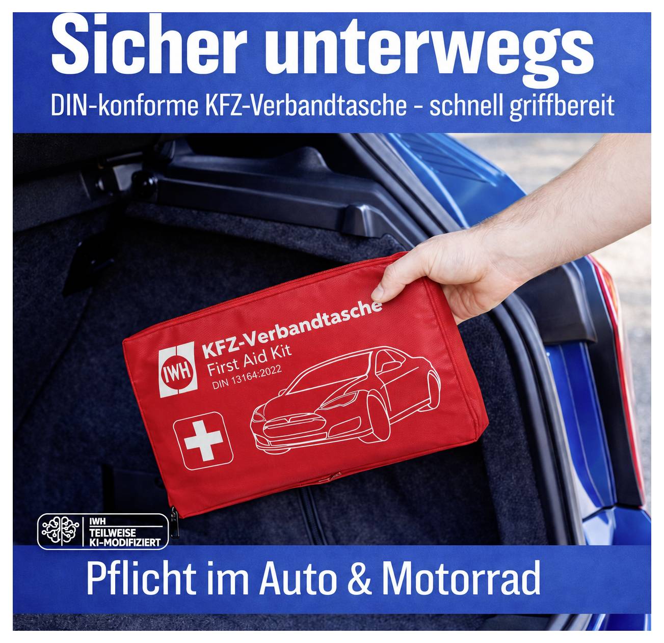 Reklámábra: Kéz piros autós elsősegély táskát tart egy autó csomagtartójában; szöveg: „Biztonságos utazás", „Kötelező az autóban és motorkerékpáron".