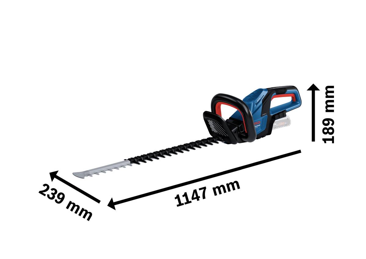 Akkumulátoros sövényvágó méretei: 239 mm szélesség, 1147 mm hosszúság, 189 mm magasság. Elsősorban kék és fekete színben.