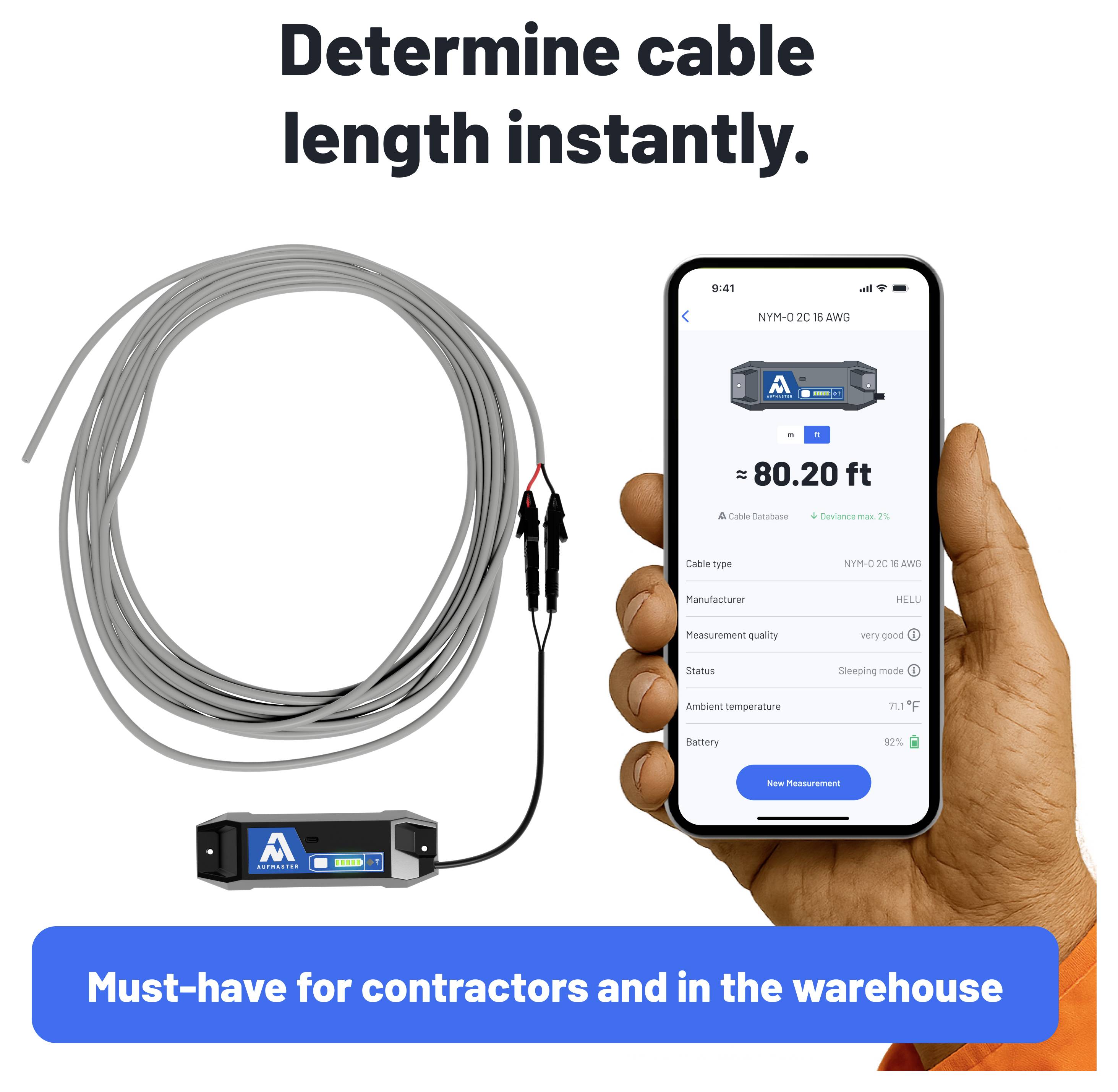 Reklámgrafika: Kábelteker mérőműszerrel és okostelefon, amely a „24,50 m" kábelhosszat jeleníti meg; szöveg: „Határozza meg azonnal a kábelhosszat." és „A tesztelők, elektrikosok és a raktár nélkülözhetetlen kellékei."